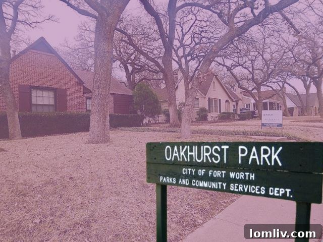 Oakhurst: A Verdant Canopy Proving Life's Abundance 2 Scenic view of Oakhurst neighborhood in Fort Worth, featuring mature trees and traditional homes along a quiet street.