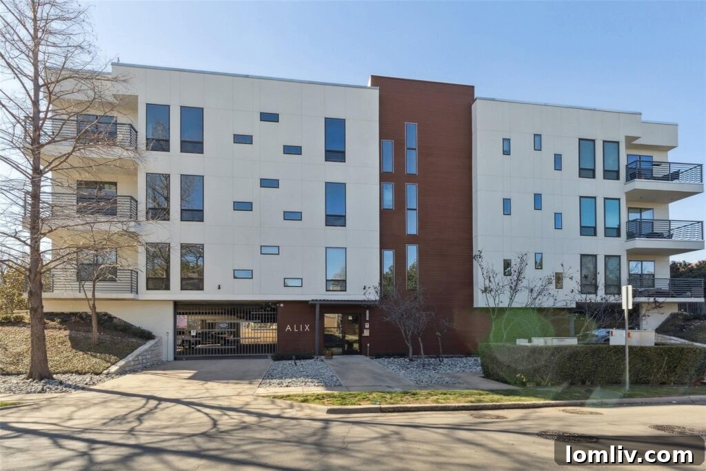 $375K Dilemma Oak Lawn Townhome or McKinney Condo 4 The sleek, modern exterior of a condo building on Bowser Avenue in Dallas, indicative of urban convenience and style.