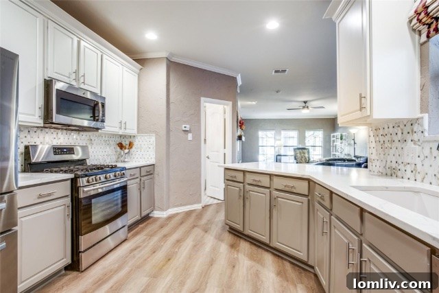 $375K Dilemma Oak Lawn Townhome or McKinney Condo 7 A modern kitchen in the McKinney townhome, featuring updated appliances, ample counter space, and stylish cabinetry.