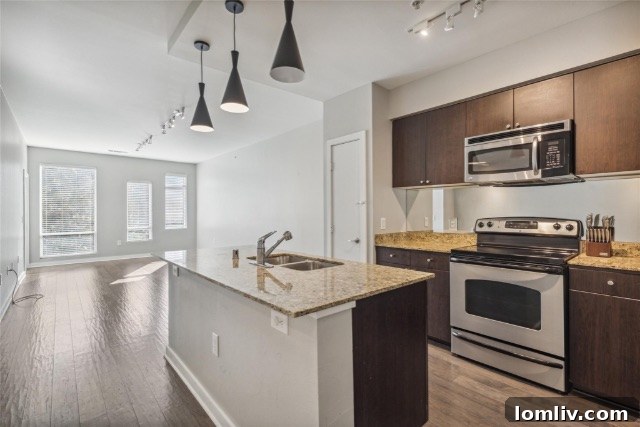 $375K Dilemma Oak Lawn Townhome or McKinney Condo 8 A contemporary kitchen in the Oak Lawn condo, designed for efficiency with sleek finishes and integrated appliances.