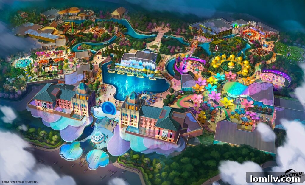Universal Studios Bringing New Family Theme Park To Frisco 2 Rendering of the proposed Universal theme park in Frisco, Texas, showing a vibrant, family-friendly environment with rides and characters.