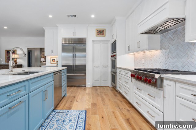 Westcliff Home on Ranier Court: Stunningly Remodeled for Ideal Living 7 Large kitchen island, built-in fridge, double Wolf ovens, and gas cooktop in a luxurious kitchen