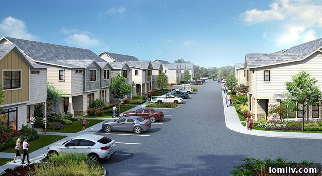 Architectural rendering of modern townhomes within a planned community.