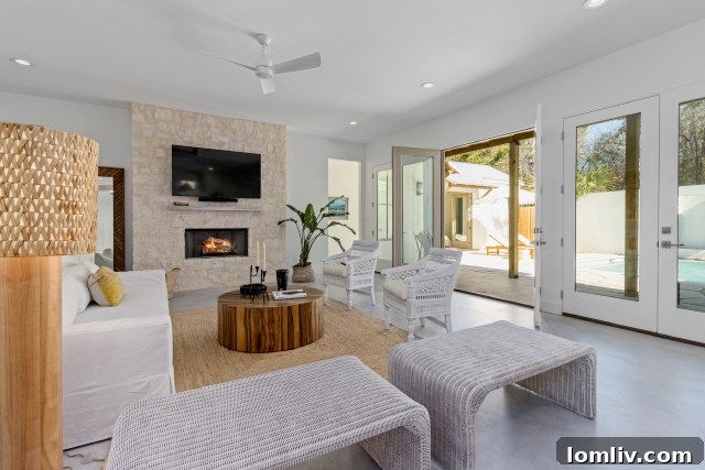 Interior view of a spacious living room with fireplace and designer furniture