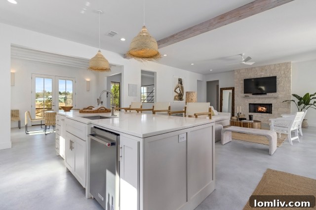 Modern kitchen with large quartz island and ample seating