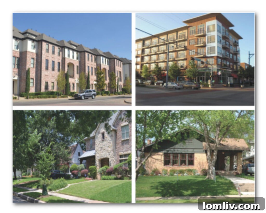 Dallas city landscape with residential areas, green spaces, and a river