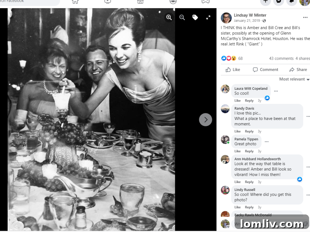 Glamorous black and white photo of Amber Cree at the opening of the Shamrock Hotel, reflecting the social scene of her era.