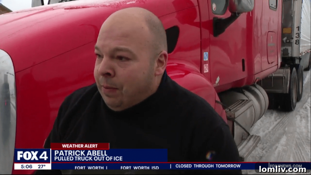 Patrick Abell's Jeep navigating icy roads in Dallas, assisting during the Thundersleet event.