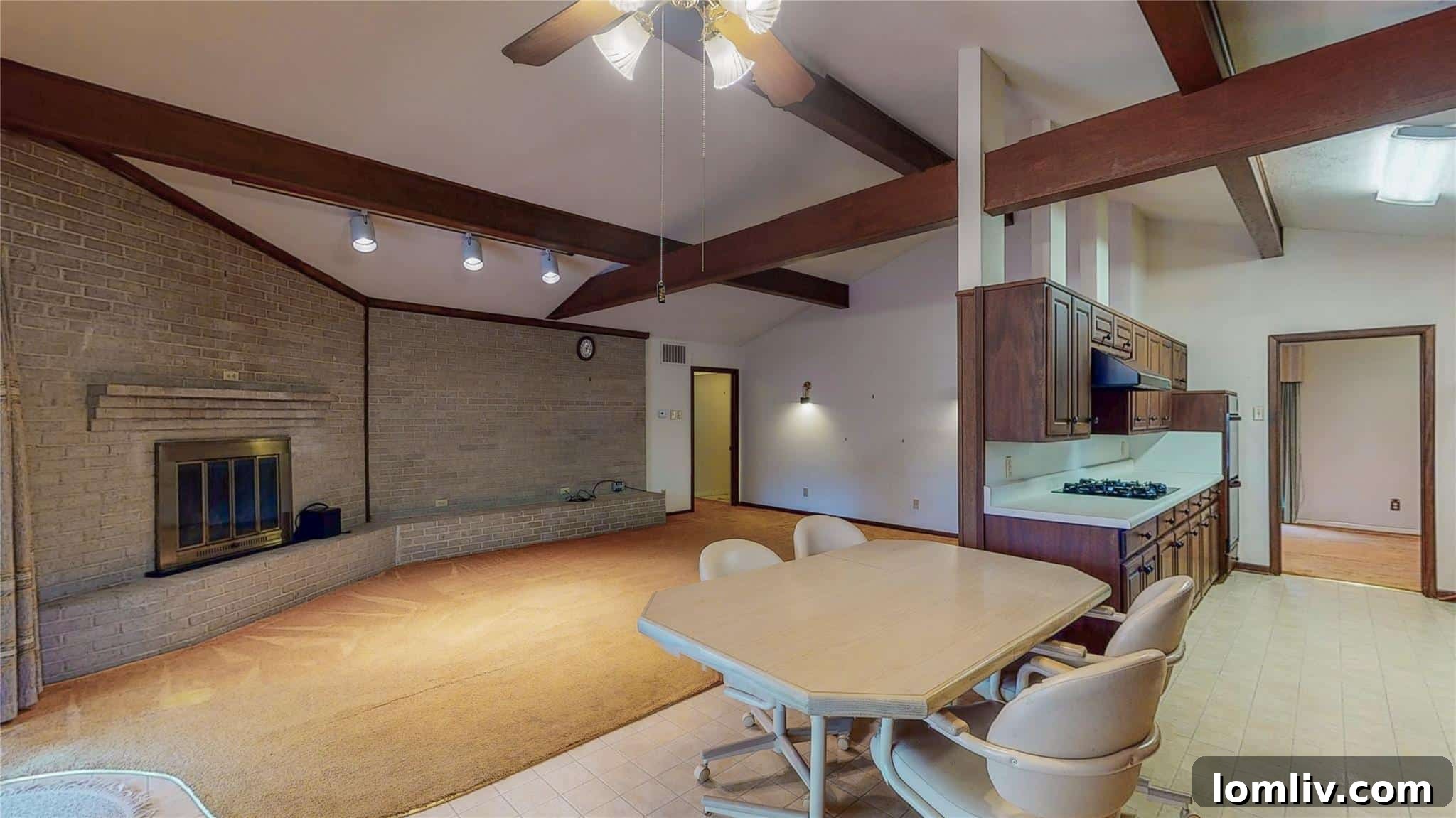 Before and after comparison: a dark, enclosed dining area with old fixtures re-imagined as a bright, integrated space flowing into a modern kitchen.