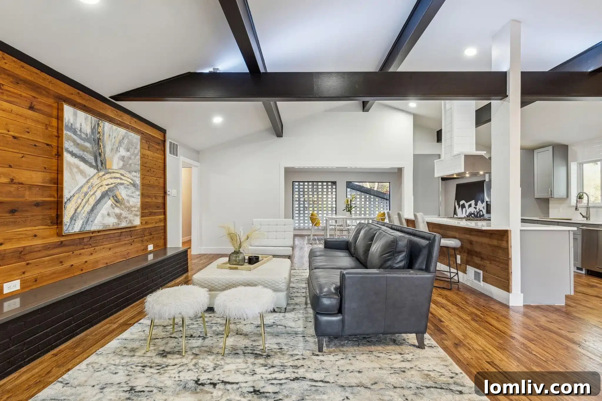 Before and after comparison: a dark, enclosed dining area with old fixtures re-imagined as a bright, integrated space flowing into a modern kitchen.