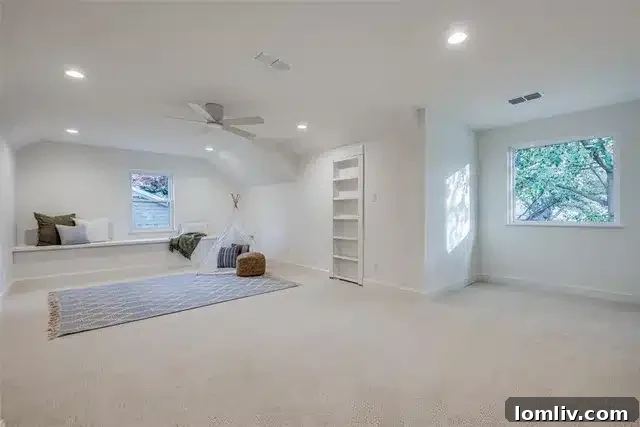 Bright second-level hallway with built-in bookcases