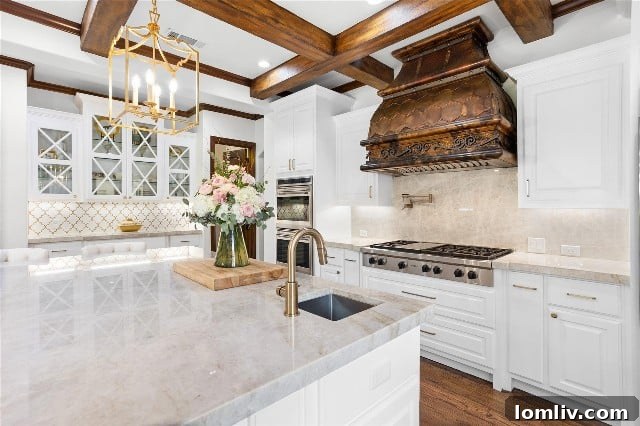 Richly stained exposed beams paired with a striking copper vent hood, creating a focal point in a Hacienda kitchen.