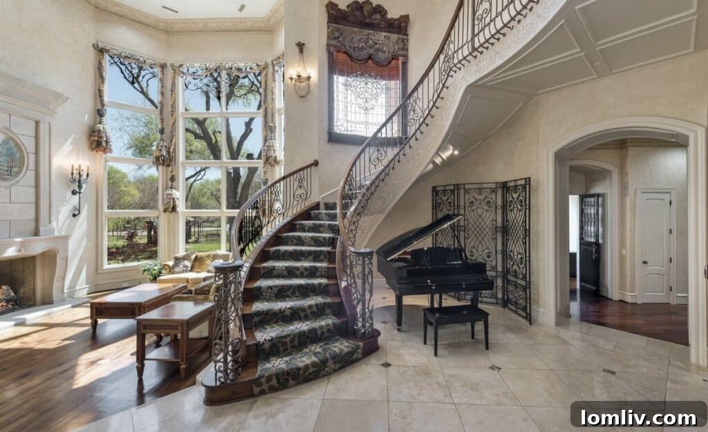 Elegant living room with high ceilings and intricate details in Plano.