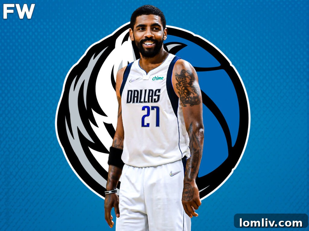 Kyrie Irving in a Dallas Mavericks uniform, dribbling the basketball during a game.