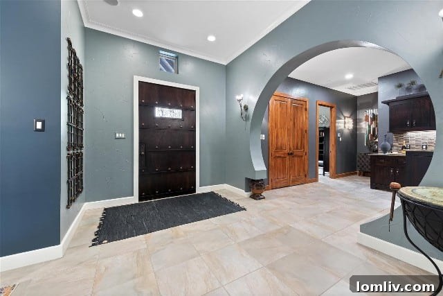 Interior view of a Keller home featuring a prominent circular archway leading to the main living areas, exemplifying Austin-inspired design