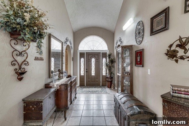 The impressive entry way of 102 Dome Park Place, featuring a distinctive barrel-vaulted ceiling and elegant lighting.