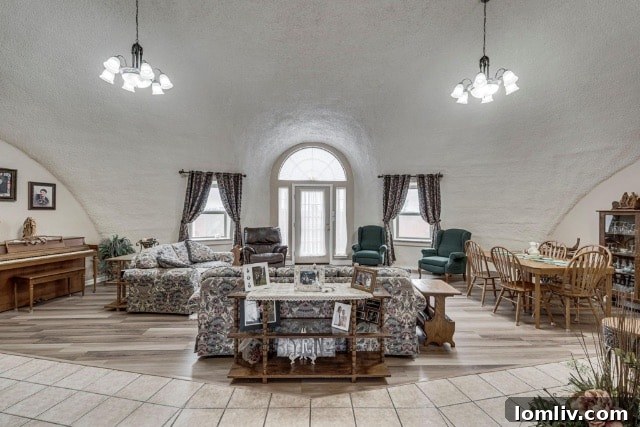A spacious living room inside a monolithic dome at 102 Dome Park Place, showcasing high ceilings and two elegant chandeliers.