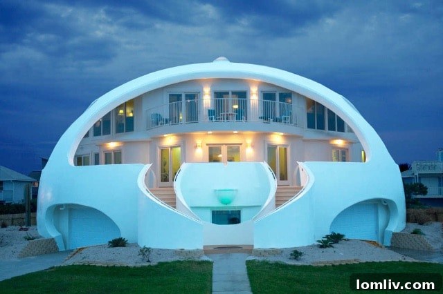 A vibrant yellow Monolithic Dome standing out against a clear blue sky on Pensacola Beach, demonstrating its distinctive presence.