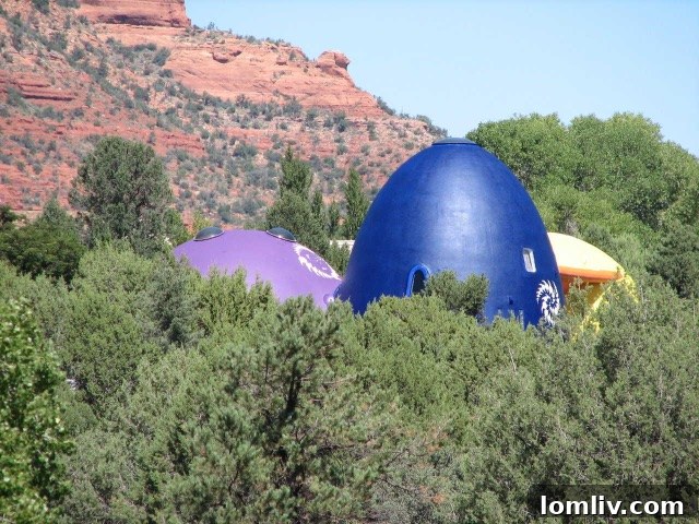 The unique and futuristic Xanadu Monolithic Dome in Sedona, Arizona, blending seamlessly with its natural desert surroundings.
