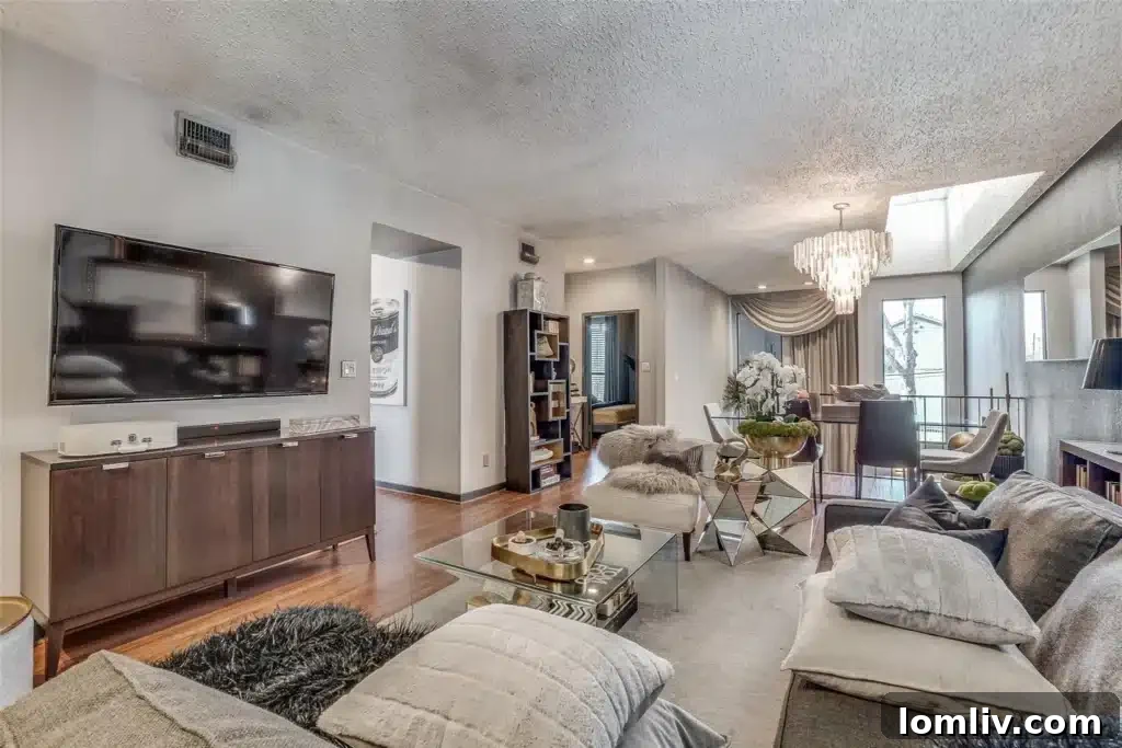Oaklawn's Oglesby Gem: A Tranquil Escape 8 Open concept living area on the second level with dark hardwood floors and a marble fireplace.