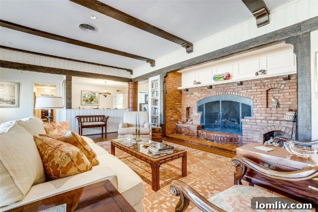 Signature Dilbeck fireplace, a key indicator of the architect's work