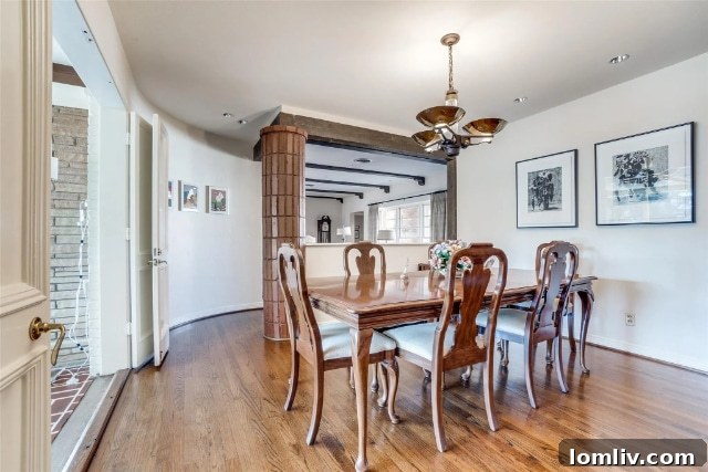 Interior dining area of the Dilbeck home featuring a distinctive brick column