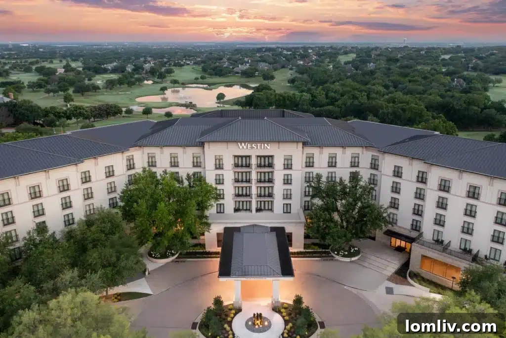 The luxurious facade of Westin Dallas Stonebriar Golf Resort & Spa, indicating a family-friendly oasis in North Texas.