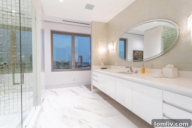 Modern and spacious living area with large windows offering panoramic city views.