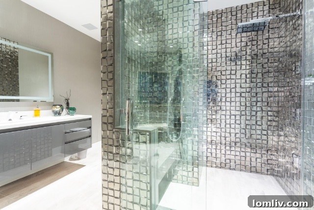 The luxurious primary bathroom vanity with elegant sinks and designer wall coverings.