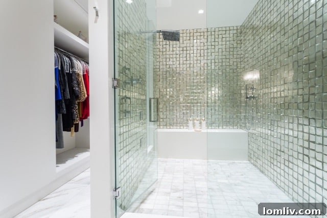 Spa-like shower in the primary bathroom, featuring custom mosaic tiles and refined details.