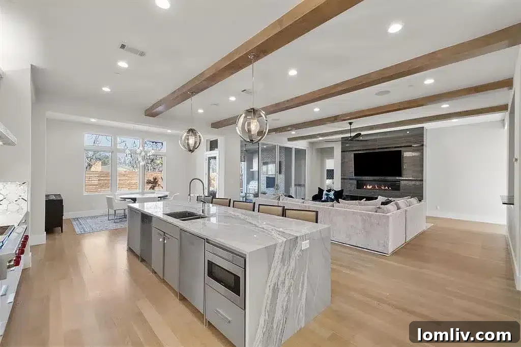 High ceilings with wood beams in a luxurious modern home