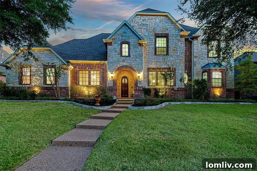 Luxurious custom-built home exterior with manicured lawn in Allen's Twin Creeks neighborhood