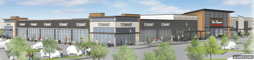 Rendering of the planned retail and residential development at Brinkmann Ranch in Frisco, featuring modern architecture and ample green spaces.