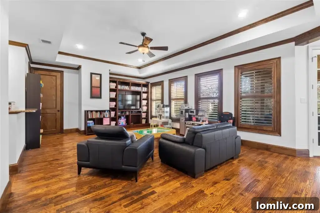 Lush, turfed backyard with mature trees and privacy