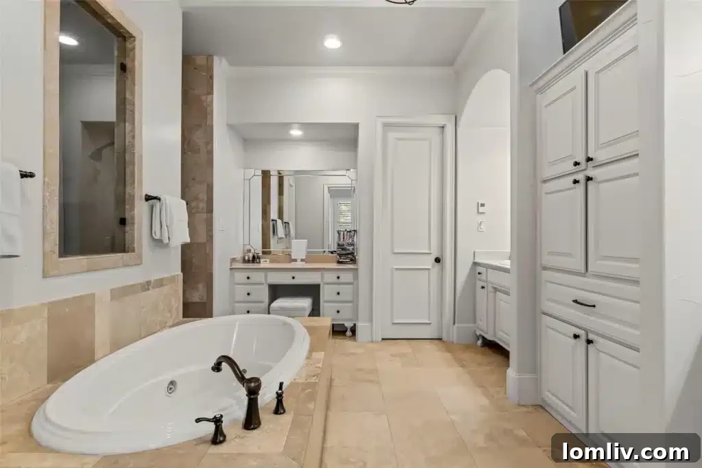 Luxurious primary bathroom with double vanity and soaking tub