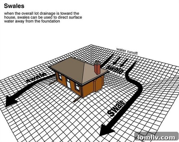 Landscaped drainage swale directing water away from a home foundation