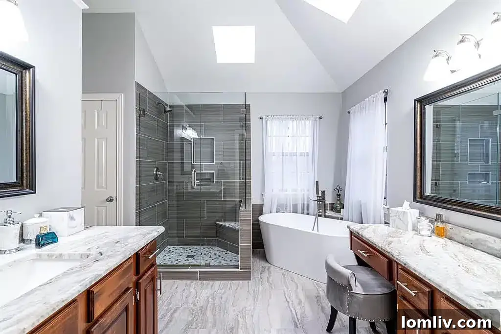 Contemporary owner's en-suite bathroom with a large walk-in shower.