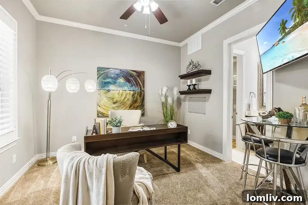 Modern kitchen with island and dining area in the luxury townhome at 5021 Calloway Dr.