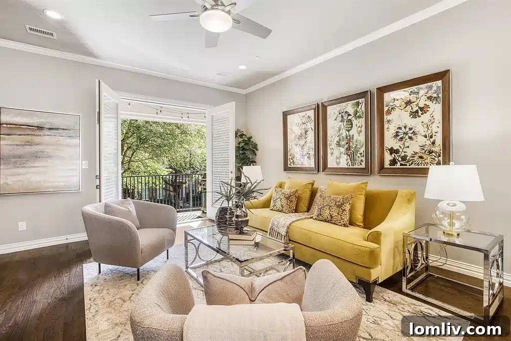 Spacious living room with natural light and contemporary decor in the Addison townhome.