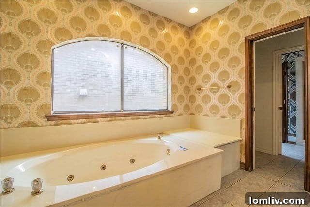 Fort Worth's Rare Single-Level Gem in a Gated Oasis 12 Before photo of primary bathroom with whimsical jellyfish wallpaper