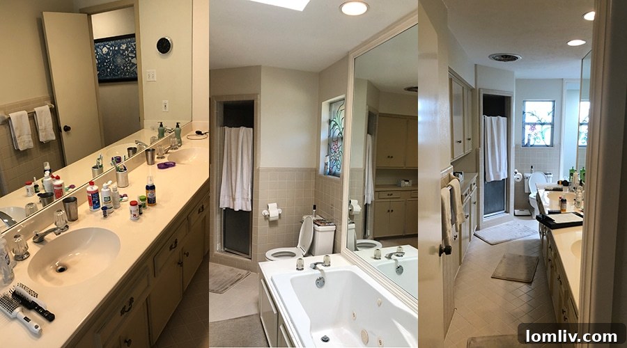 Before and after comparison of a midcentury modern bathroom renovation
