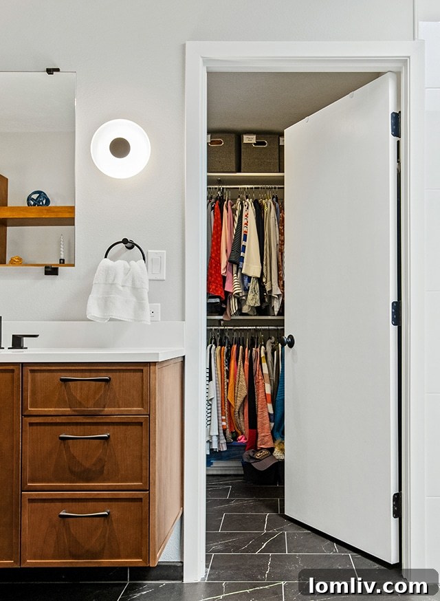 Bright and airy renovated bathroom with midcentury modern and Scandinavian influences