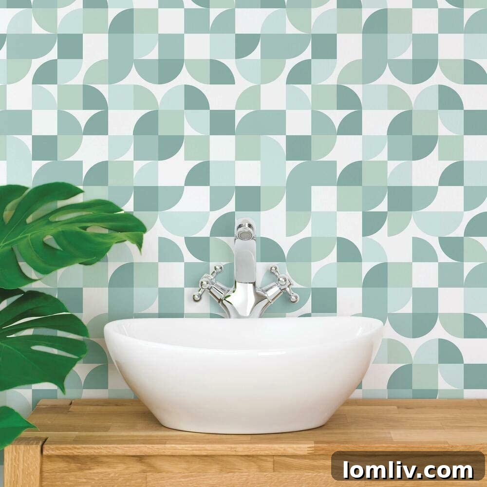 Statement wallpaper with geometric patterns in a bathroom