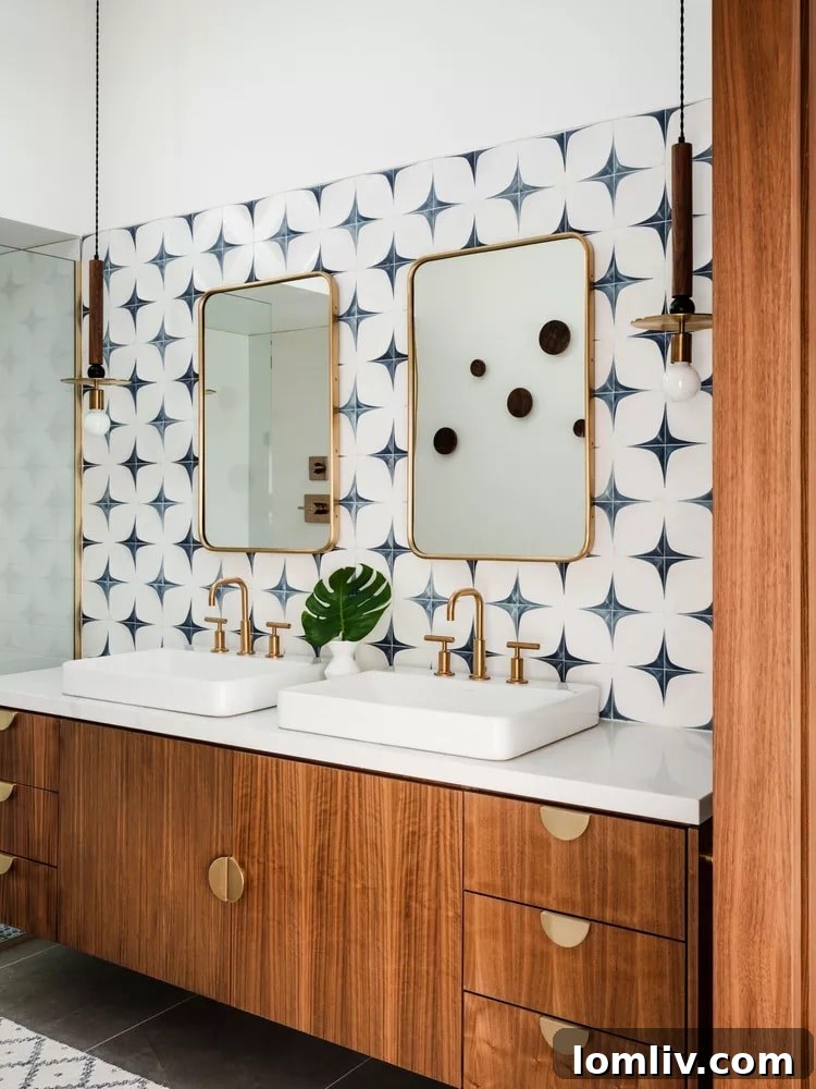Stylish bathroom with creative geometric tile patterns