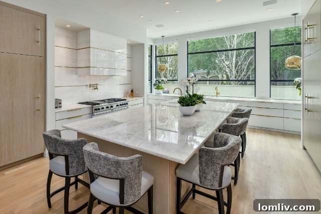 Luxurious kitchen design with custom Italian wood veneer cabinets and quartzite countertops