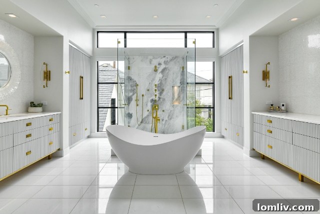 Designer vanity and mirror in a primary bathroom of a spectacular spec home