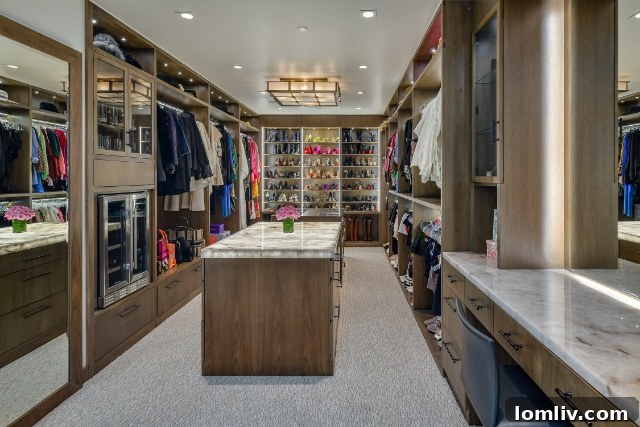 Showroom-style walk-in closet with styling station and integrated refrigerators