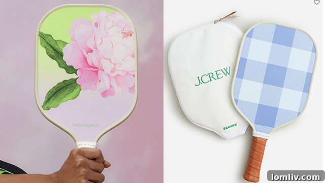 A collection of stylish pickleball paddles, including designs by Cynthia Rowley and J. Crew, highlighting the fusion of fashion and sport.