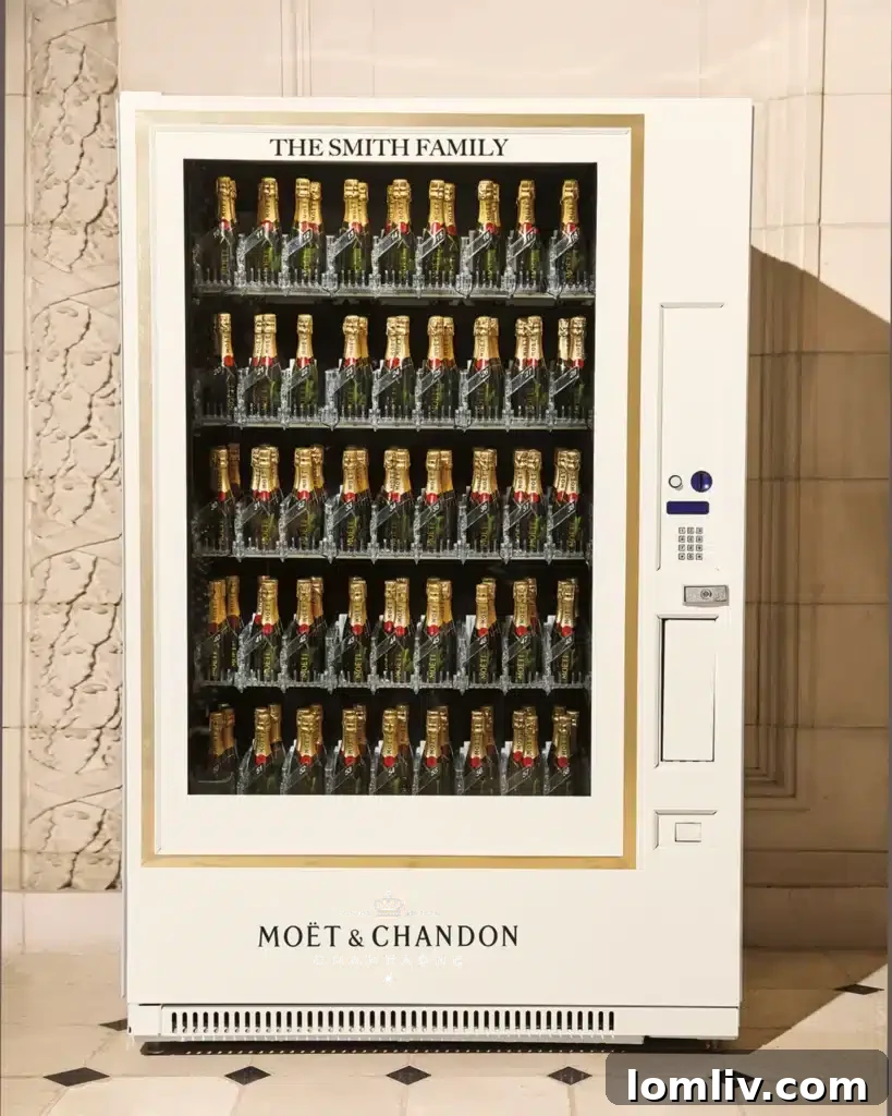 A sophisticated Moet & Chandon champagne vending machine, sparkling with mini bottles, ready for instant celebration.