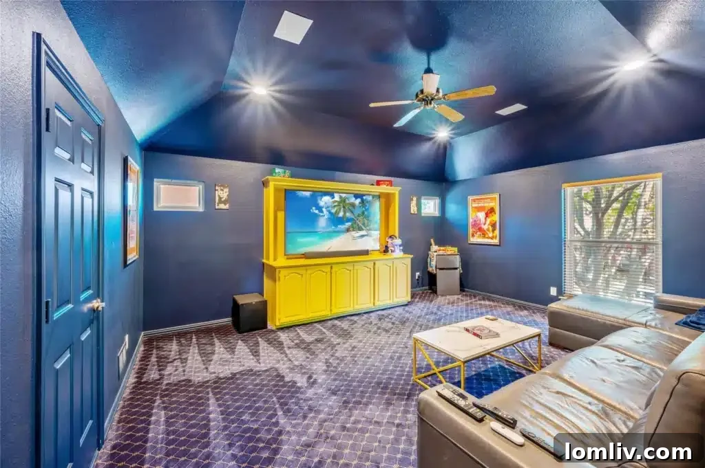 Bold media room with large TV and surround sound, ready for movie night